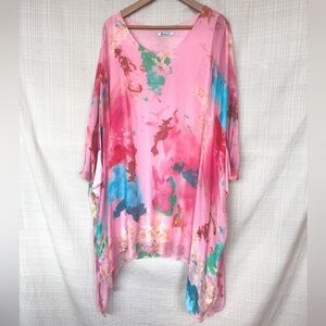 Silk Dress or Tunic Made in Italy Abstract Watercolor Kimono Sleeve Sheer